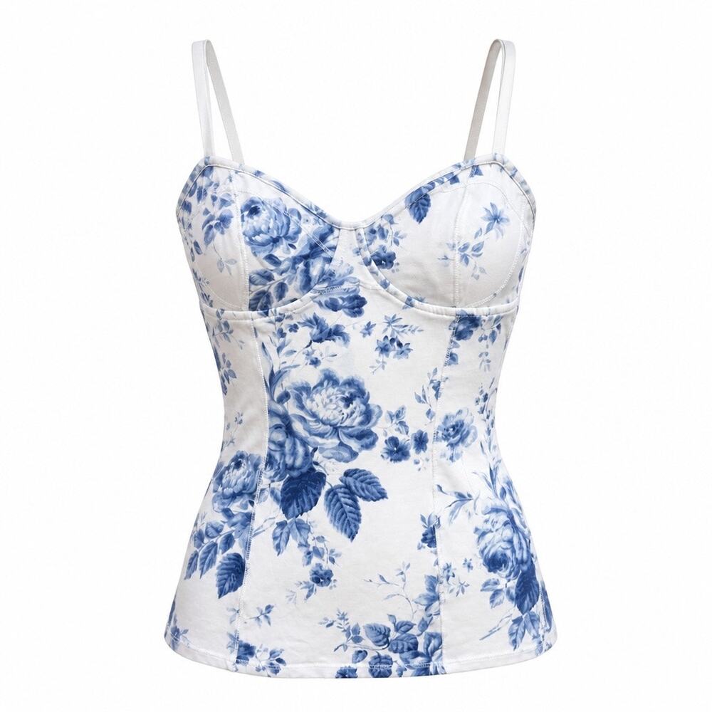 Talula Aritzia Blue Floral Corset Bustier Cami Tank Top Size XS